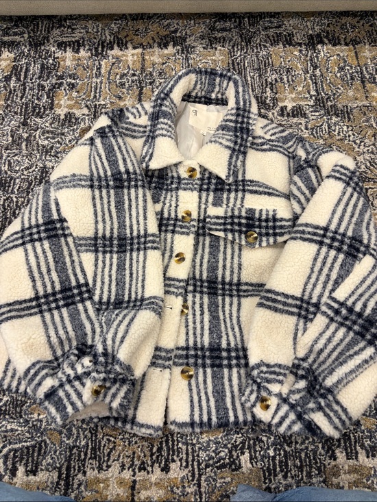 Pilcro Jackets & Blazers - Pilcro Cream & Black Plaid Sherpa Pea Coat